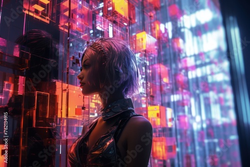 fantasy female model in a futuristic interior with virtual data-massives around