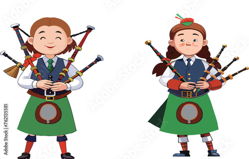 Cartoon scottish bagpipers in traditional dress