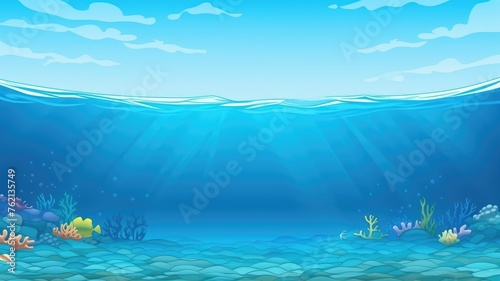 cartoon underwater scene with lively corals, rocks, and fish in clear blue waters