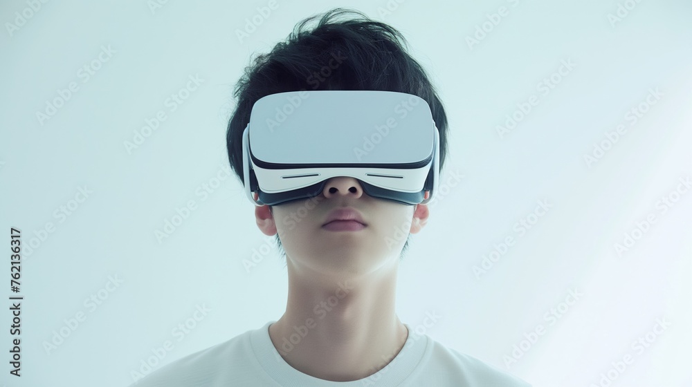 Young man wearing virtual reality goggles and enjoying the VR simulation experience against white background. Conceptual of VR reality technology. Young man wearing virtual reality goggles and enjoying the VR simulation experience against white background. Conceptual of VR reality technology.