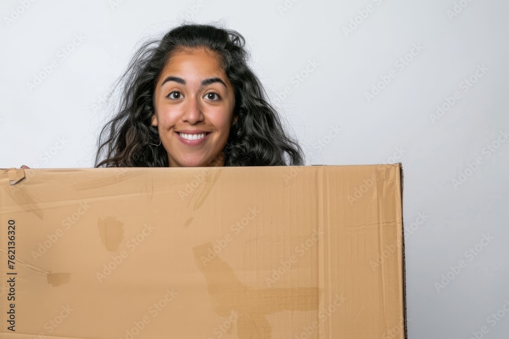 a colombian woman logistic staff wearing shirt holding a big cardboard package, white background a colombian woman logistic staff wearing shirt holding a big cardboard package, white background