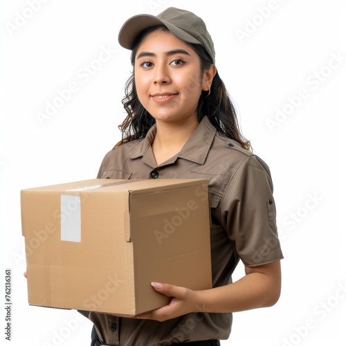 a colombian woman logistic staff wearing shirt holding a big cardboard package, white background