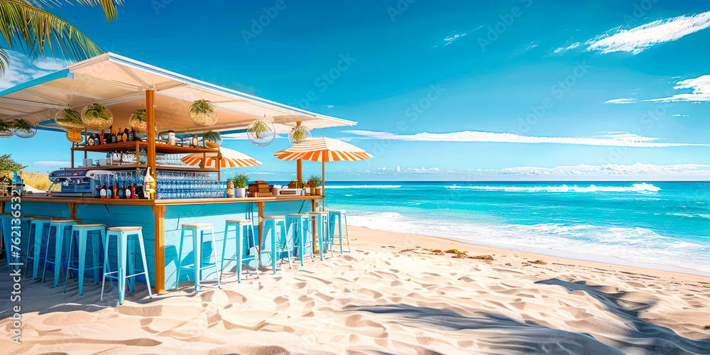 Idyllic beach bar with stools and umbrellas on sandy shore offering a tranquil place for relaxation and socializing with a view of the ocean horizon