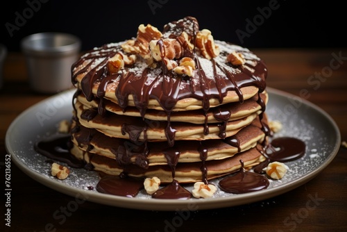 Decadent Pancakes with honey and chocolates. Butter dessert. Generate Ai