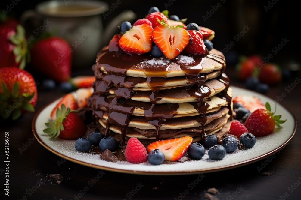 Rich Pancakes fruits chocolate honey. Fruit stack. Generate Ai