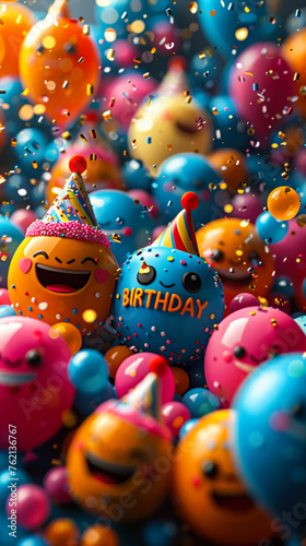 Joyful 3D emoji faces wearing party hats with HAPPY BIRTHDAY message, balloons, confetti, celebrating a festive and cheerful birthday party atmosphere