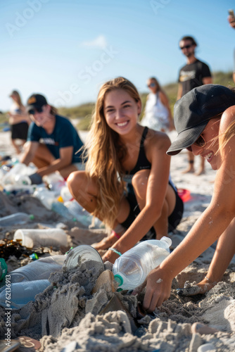 Professional Photography of a Group of Volunteers Participating in a Beach Cleanup, Generative AI