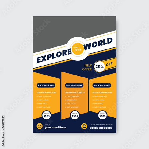 Travel poster or flyer pamphlet brochure design layout space for photo background. Yellow Travel flyer template for travel agency
