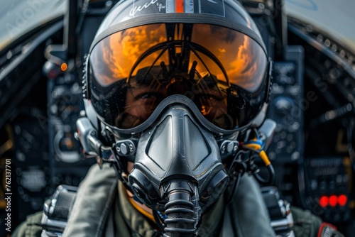 Man in Fighter Jet Cockpit With Gas Mask photo