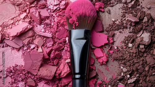 makeup brush with pink eyeshadow powder on its bristles, surrounded by scattered pieces of eyeshadow palettes in pink, brown, purple and other shades photo