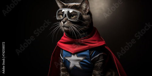 Fun cat superhero. Pets. Zooclinic, veterinary. Hotel for animals. Kitten Superpet.