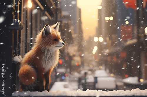 a fox sitting in the snow looking, generative ai