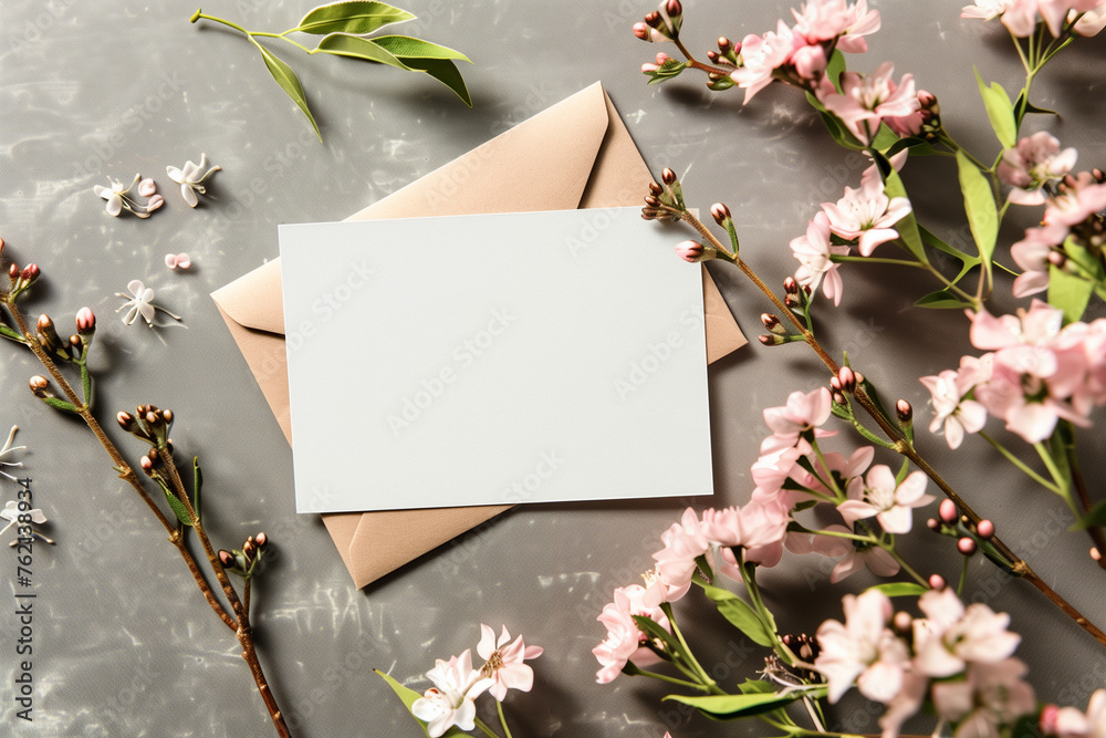 A blank white card sits on its envelope, surrounded by flowers on a concrete surface