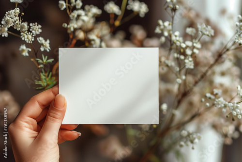 A hand holds a blank white card in front of a blurred floral background, perfect for a mockup