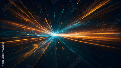 Glowing Light in Space. Light and stripes moving fast over dark background. The blurred lights and motion