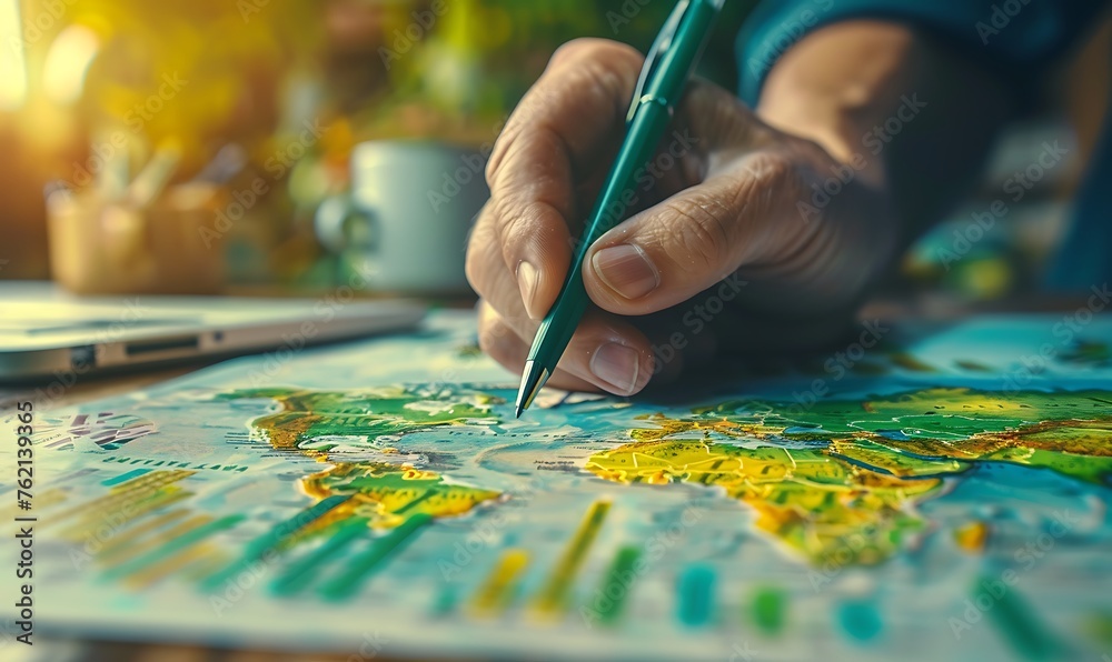 Mapping Sustainable Practices, A Hand-Detailed Green Supply Chain on World Map Mapping Sustainable Practices, A Hand-Detailed Green Supply Chain on World Map