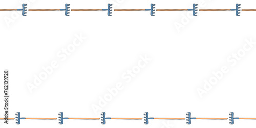 Vector frame of rakes. Garden tools, working equipment. Horizontal upper and lower edging, border, divider on topics of gardening, farming, agriculture