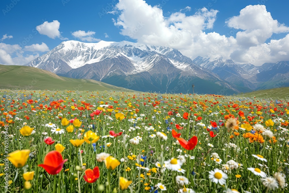 Floral Meadow with Snow Capped Mountains