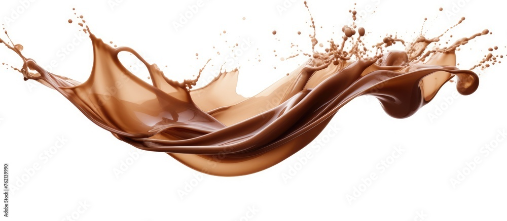 A splash of chocolate liquid on a white background is a gesture of luxury, perfect for a fashion event. It can be a natural ingredient for jewelry or eyewear designs