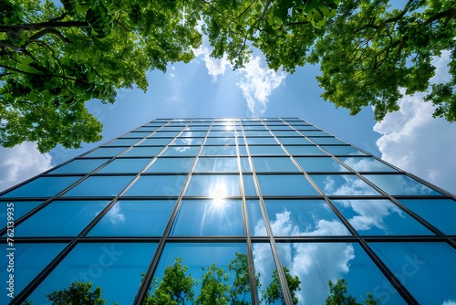 Eco-Friendly Corporate Ethos: Glass Office Building in Sustainable Cityscape. Concept Sustainable Architecture, Eco-Friendly Practices, Corporate Responsibility, Glass Office Building