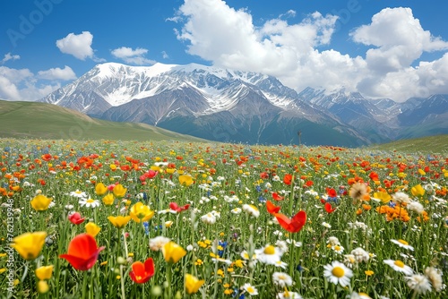 Floral Meadow with Snow Capped Mountains © STOCK AI