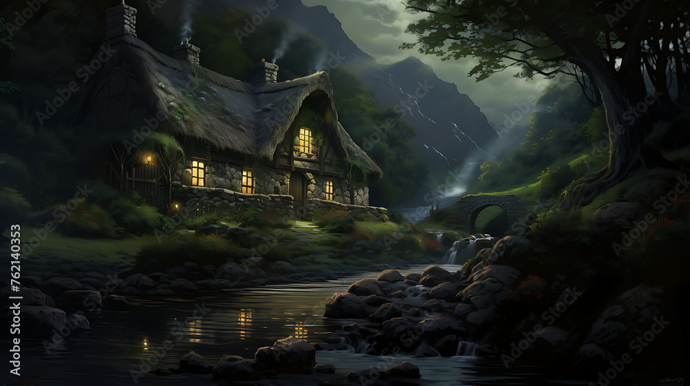 a painting of a cottage in a mountain area, generative ai