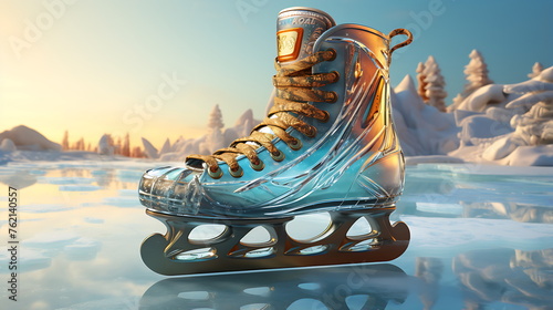 a pair of ice skates sit on the ice, generative ai photo
