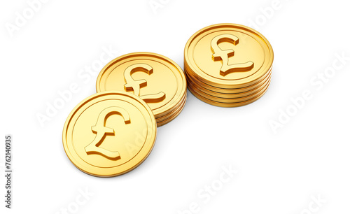 3d Stack Of Golden British Pound Coins Shiny Rounded Coins Stack On White Background 3d Illustration