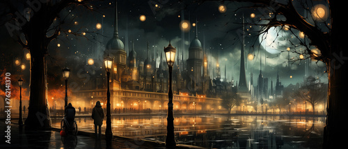 Silhouetted figures walk beside glowing street lamps on a rain-kissed boulevard, with the citys illuminated skyline in the background
