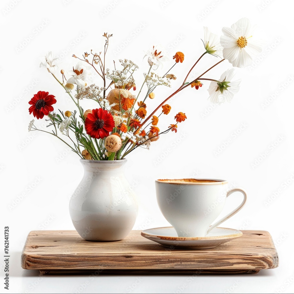 Coffee Flowers Vase On Wood Table On White Background, Illustrations Images Coffee Flowers Vase On Wood Table On White Background, Illustrations Images
