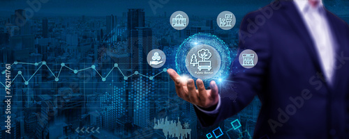 idea in the public sector. government, infrastructure provision for people, health, education, and municipal services. A person is holding the virtual screen's public sector symbol.
