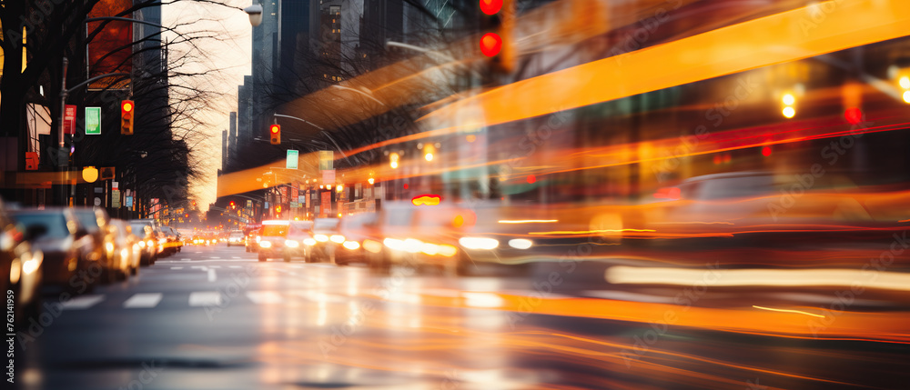 Chaos in the concrete jungle.A bustling city street teeming with traffic flows past towering skyscrapers, creating a dynamic urban landscape. Abstract multicolor background