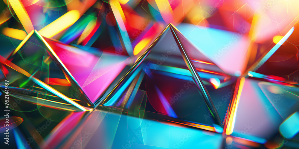 Viele wunderschöne bunte irisierende leuchtende Neon Dreiecke als Hintergundmotiv als Poster und Banner Viele wunderschöne bunte irisierende leuchtende Neon Dreiecke als Hintergundmotiv als Poster und Banner