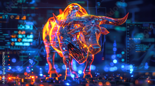 An angry bull is depicted engaging in trading activities with a computer. The concept revolves around the bull market in both traditional stock markets and the cryptocurrency. Generative AI.