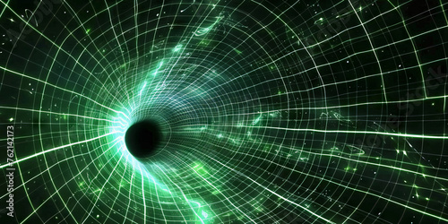 Fototapeta Naklejka Na Ścianę i Meble -  3d green glowing grid tunnel with black hole,  Cosmic wormhole. Abstract green grid tunnel banner
