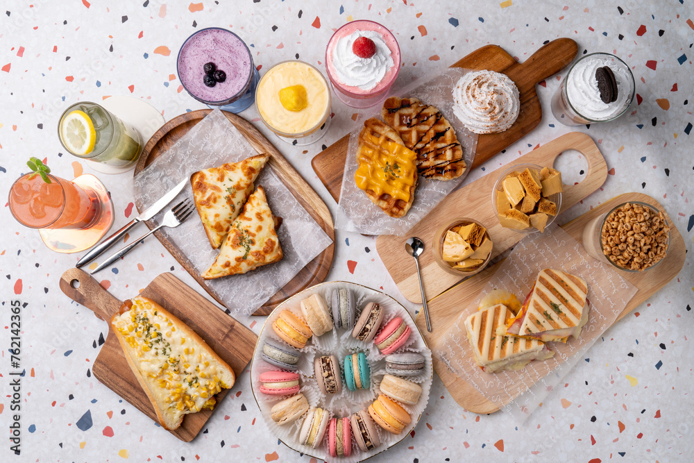 Cafe, coffee, macaron, ade, cheese, ham, panini, sweet potato, croque monsieur, grapefruit, dalgona, latte, fresh fruit, smoothie, shake, corn cheese, hot dog, croiffle, croissant, waffle Cafe, coffee, macaron, ade, cheese, ham, panini, sweet potato, croque monsieur, grapefruit, dalgona, latte, fresh fruit, smoothie, shake, corn cheese, hot dog, croiffle, croissant, waffle