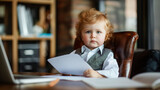 Toddler CEO at desk with papers and laptop.