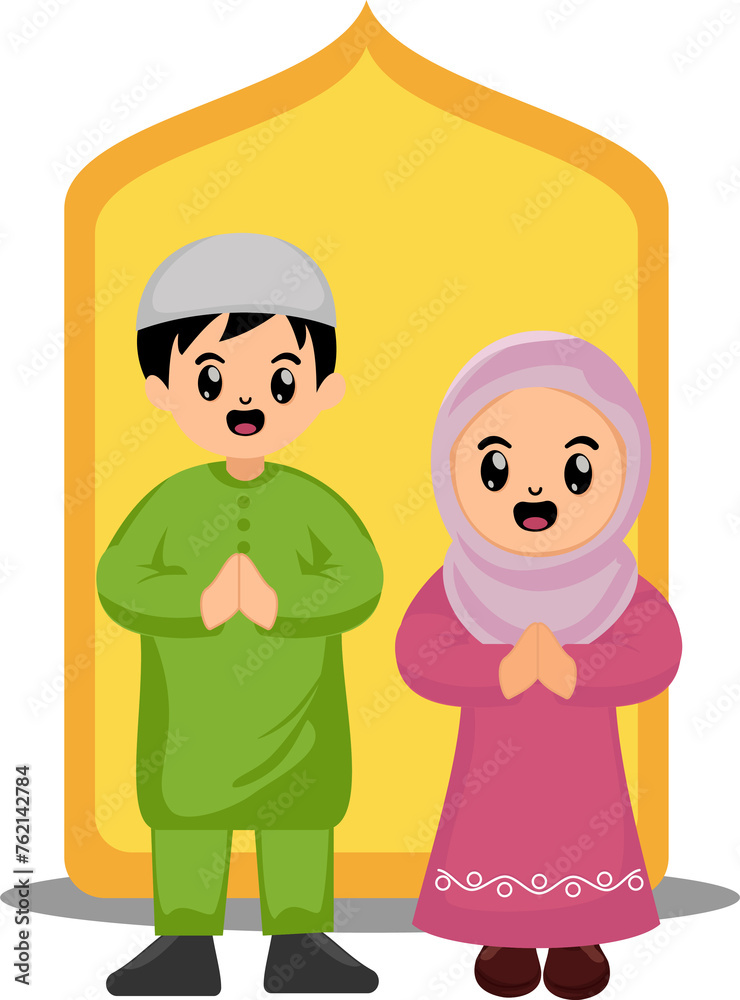 cute cartoon muslim boy and girl greeting happy eid celebration cute cartoon muslim boy and girl greeting happy eid celebration