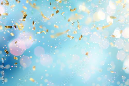 
festive golden and colotful blured confetti flying on a pastel blue background photo