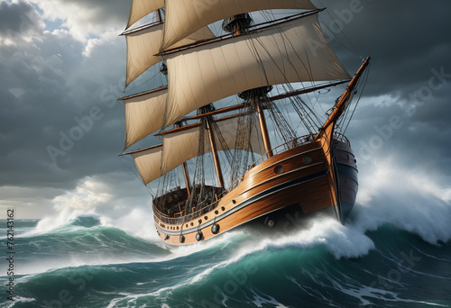 A large wooden ship with sails in a stormy sea with big waves