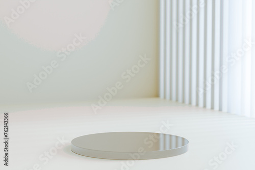 Showcase Podium. gray podium stands at center of bright  modern room. White walls and flooring create neutral backdrop. Sunlight streams  casting soft shadows on smooth podium surface