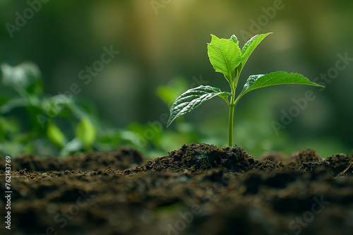 Young seedling growing in fertile soil with sunlight filtering through. Concept of growth, new beginnings, and sustainable environment ideal for agriculture, gardening, or Earth Day promotions
