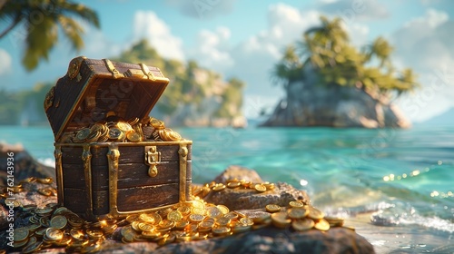 Treasure chest with gold coins on the island background