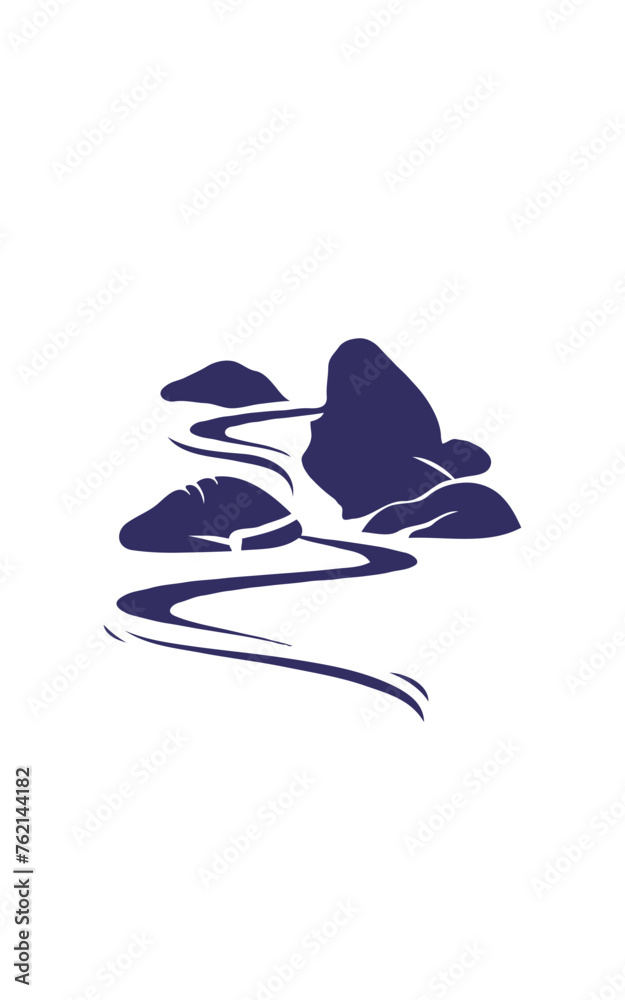 blue small waterfall flowing between rocks and grasses silhouette in vector illustration