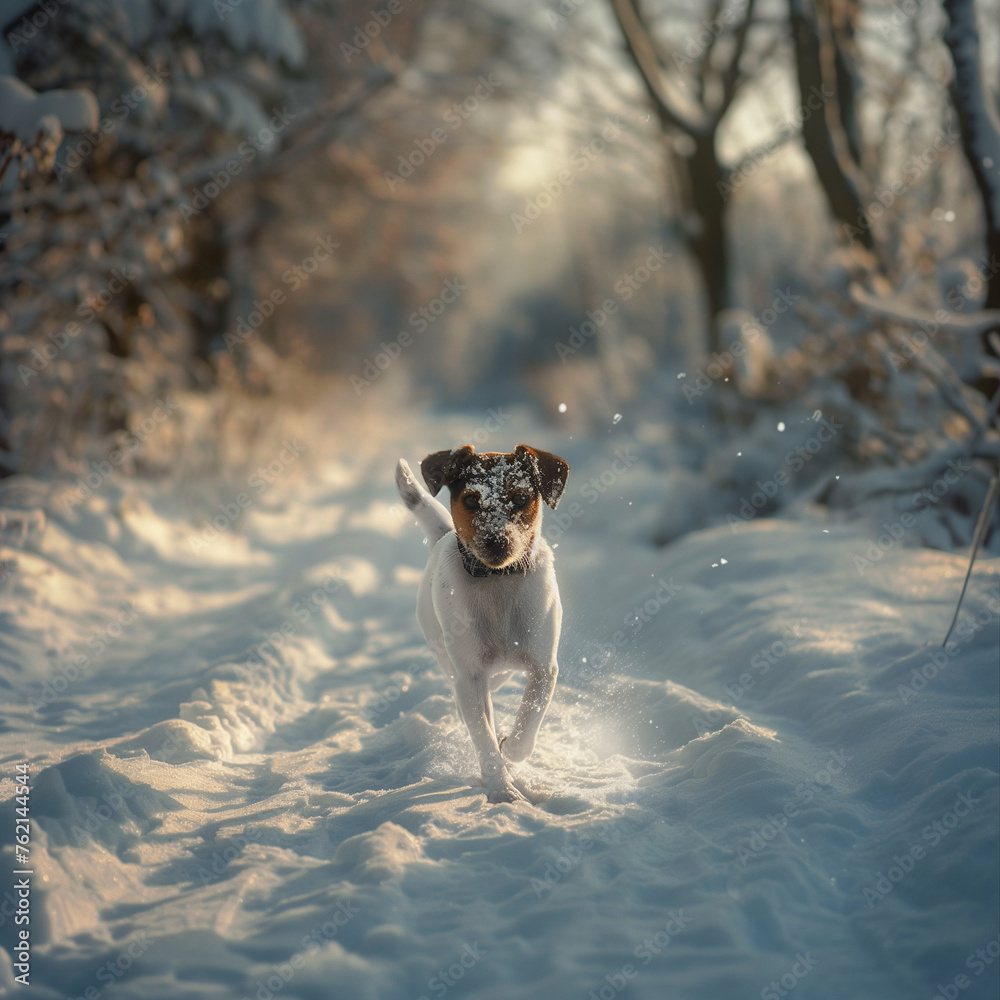 Jack Russell Terrier running in snow, dog in snowy woodland 