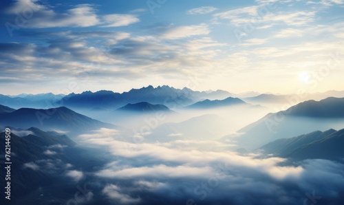 Misty mountain layers hidden in clouds 
