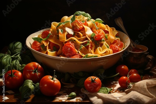 Traditional Italian pasta dish. Tomato dinner meal. Generate Ai photo