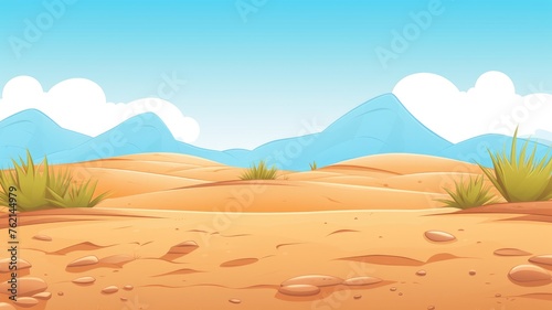 cartoon desert scene with dunes, mountains, and a sky dotted with fluffy clouds