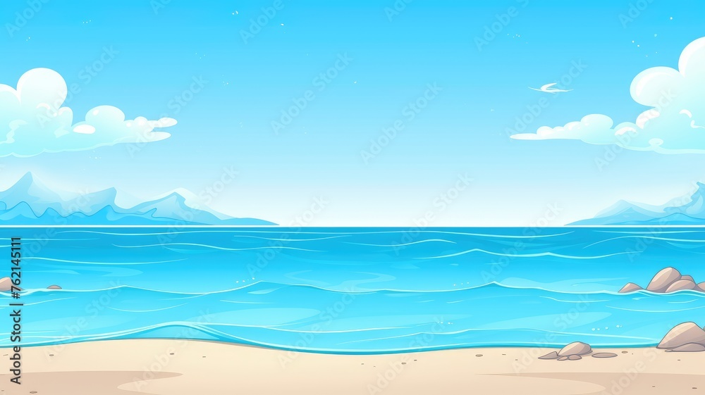 cartoon beach scene with gentle waves, clear skies, and distant mountains