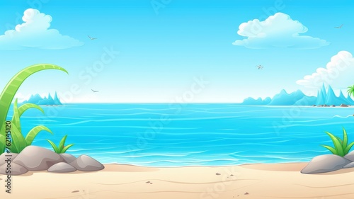 cartoon beach scene with gentle waves  clear skies  and distant mountains